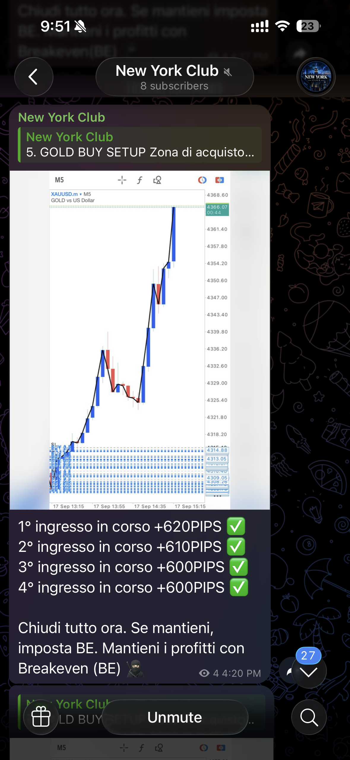 Captura original en italiano de Telegram, canal New York Club: gráfico XAUUSD y actualización de posiciones de las 16:20.