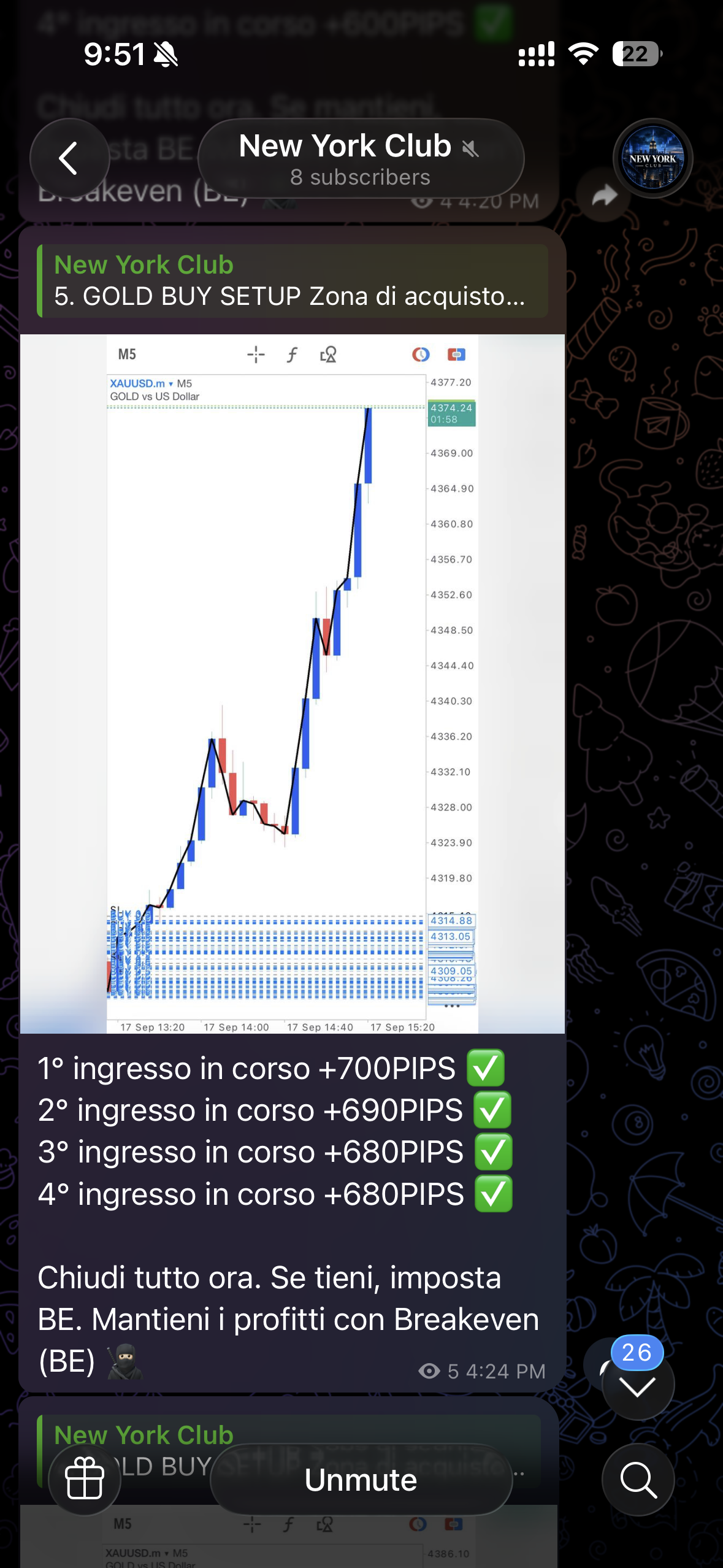 Captura original en italiano de Telegram, canal New York Club: gráfico XAUUSD y actualización de posiciones de las 16:24.