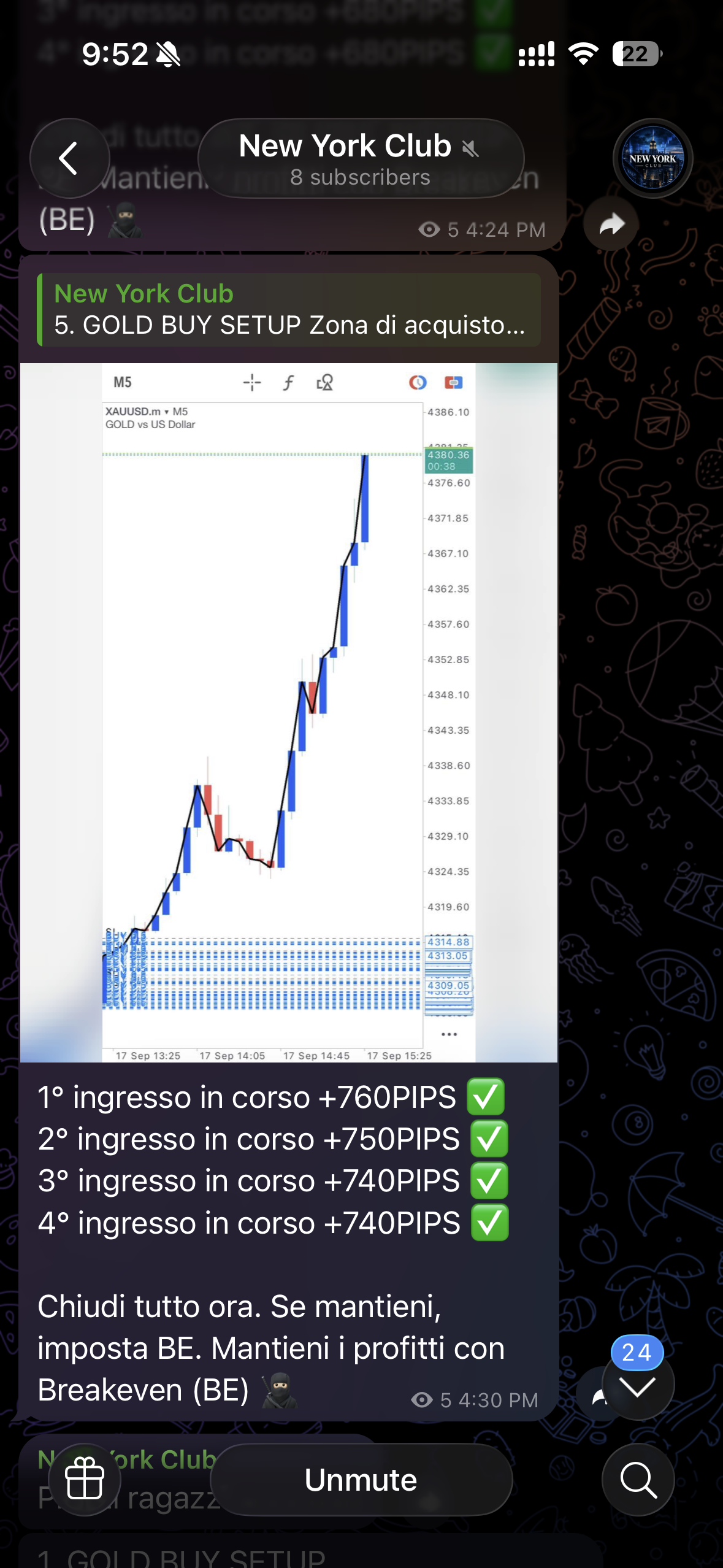 Captura original en italiano de Telegram, canal New York Club: gráfico XAUUSD y actualización de posiciones de las 16:30.