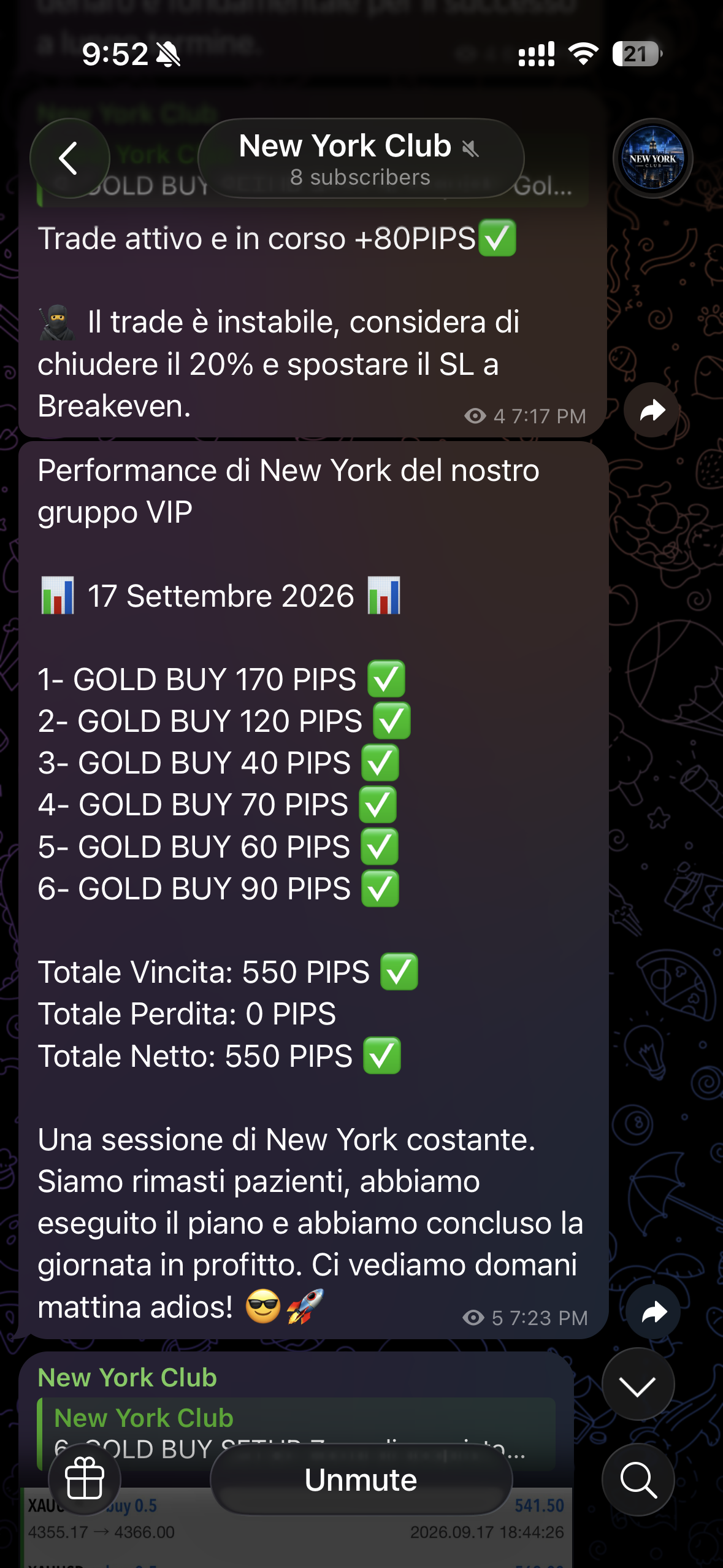 Captura original en italiano de Telegram, canal New York Club: resumen de la sesión del 17 de septiembre de 2026.